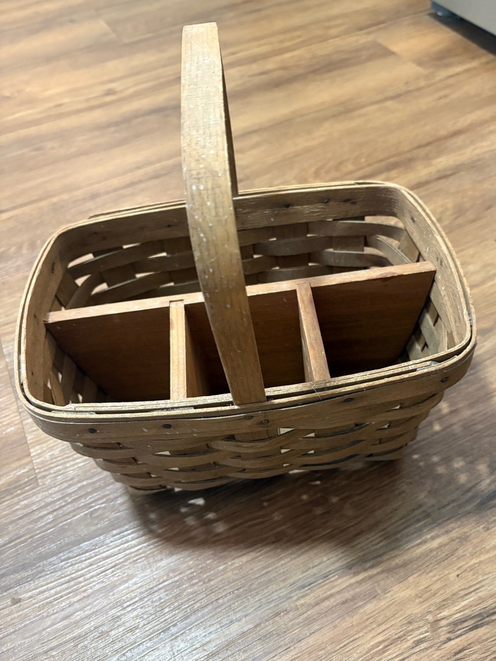 Longaberger Divided Basket Organizer Handwoven Wood Handle 3 Compartment Basket